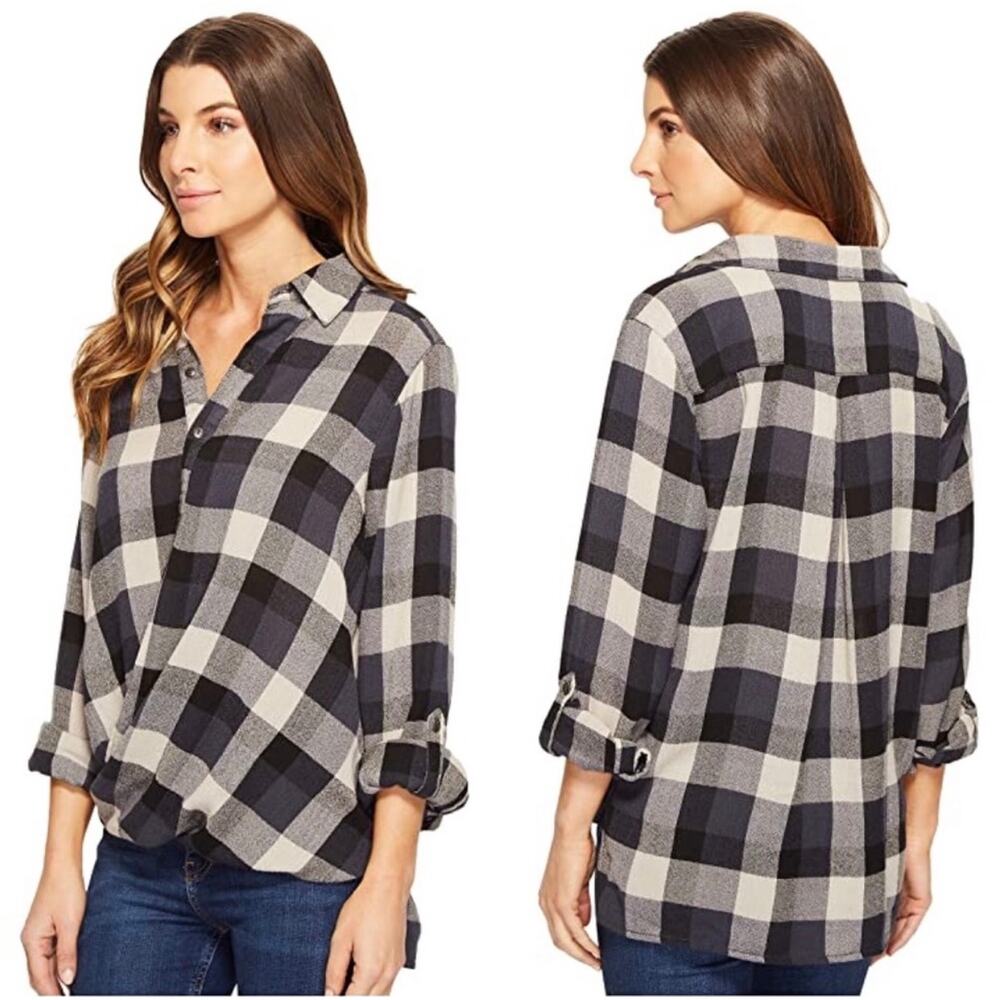 BlankNYC Blue and Tan Drape Twist Front Plaid Tunic S NWT